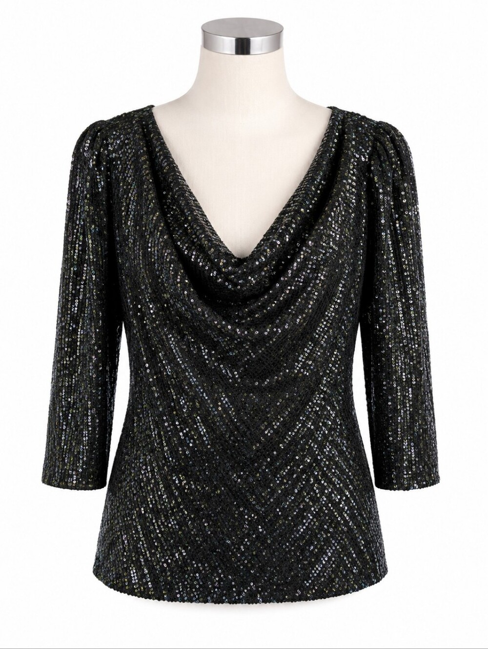 CeCe NWT Women's Black Sequin Drape Neck Tunic Top XL Party Wedding Formal Event